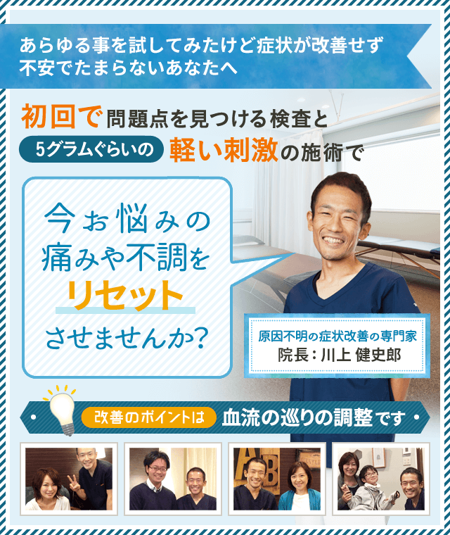 あらゆる事を試してみたけど症状が改善せず、不安でたまらないあなたへ　初回で問題点を見つける検査と軽い刺激の施術で今お悩みの痛みや不調をリセットさせませんか？改善のポイントは血流の巡りの調整です